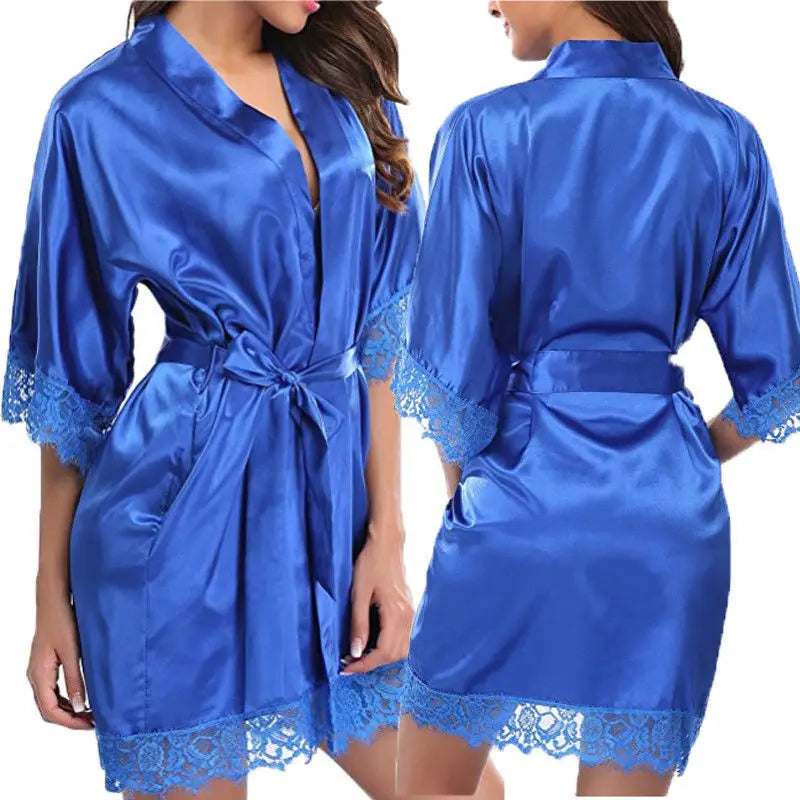 Women Iace Silk Pajamas Robes Sleepwear Nightgowns Half Sleeve Nightdress Black Lace Bathrobe Smooth Soft Comfortable Pure Color