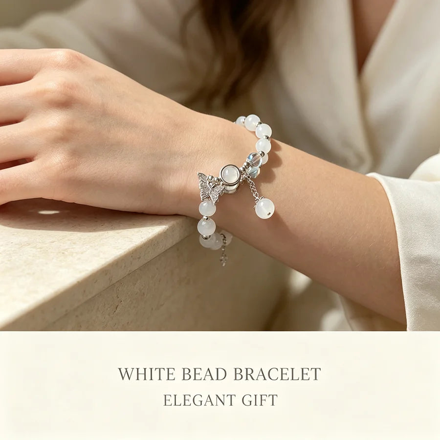 Dainty Blue Cats Eye Beaded Bracelet, Cute Butterfly Charm Elastic Hand Chain, Moonlight Opalite Stone Jewelry, Graduation Birthday Gift for Best Friend Teen