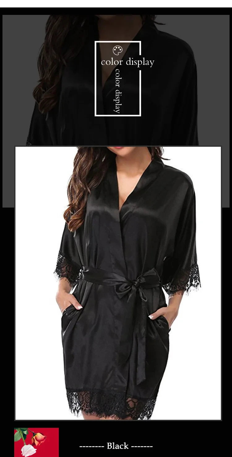 Women Iace Silk Pajamas Robes Sleepwear Nightgowns Half Sleeve Nightdress Black Lace Bathrobe Smooth Soft Comfortable Pure Color