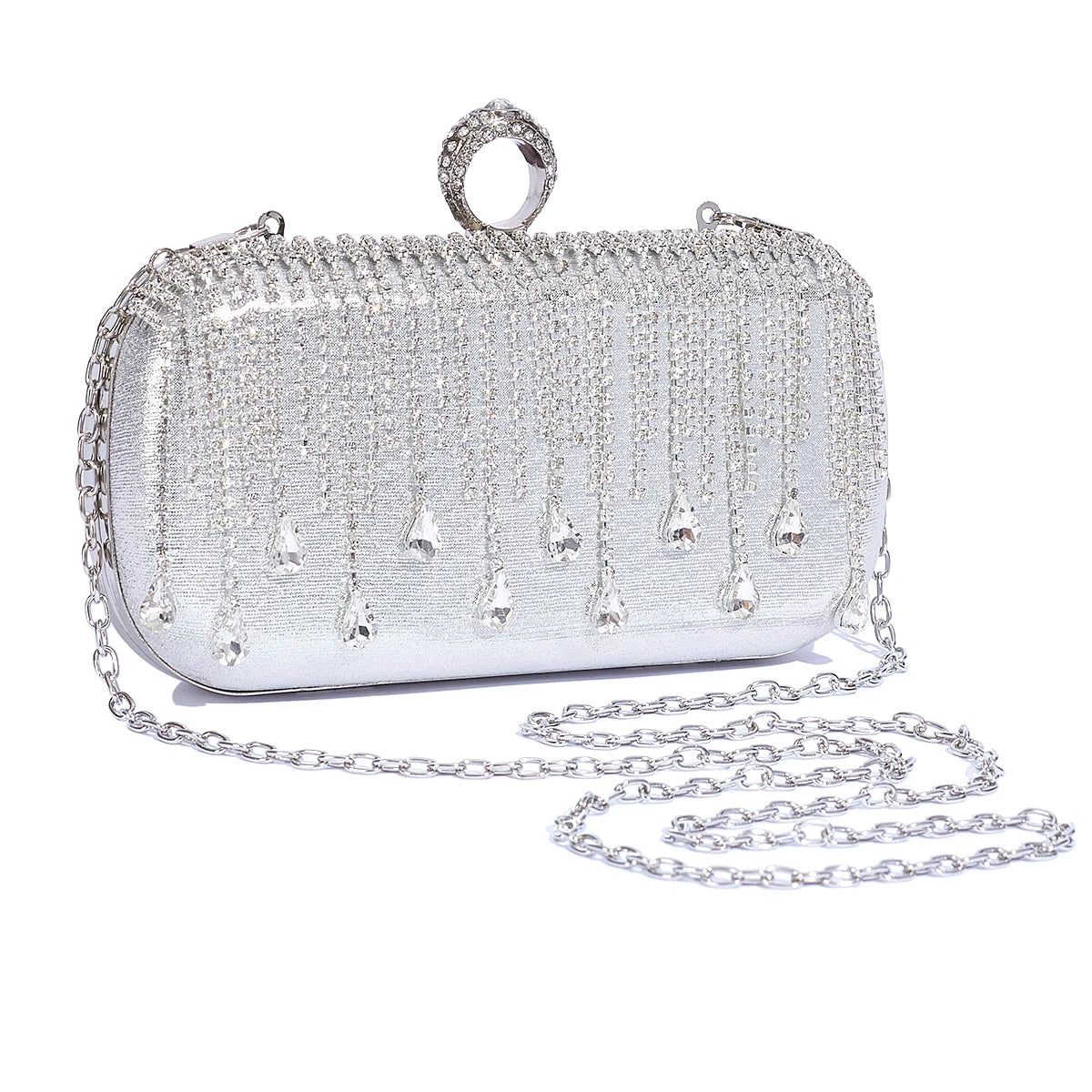 @Luxury Evening Clutch Bag Wedding Rhinestone Tassel Handbag Silver Purse Party Shoulder Bag for Women Fashion Black Bag