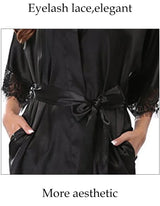 Women Iace Silk Pajamas Robes Sleepwear Nightgowns Half Sleeve Nightdress Black Lace Bathrobe Smooth Soft Comfortable Pure Color