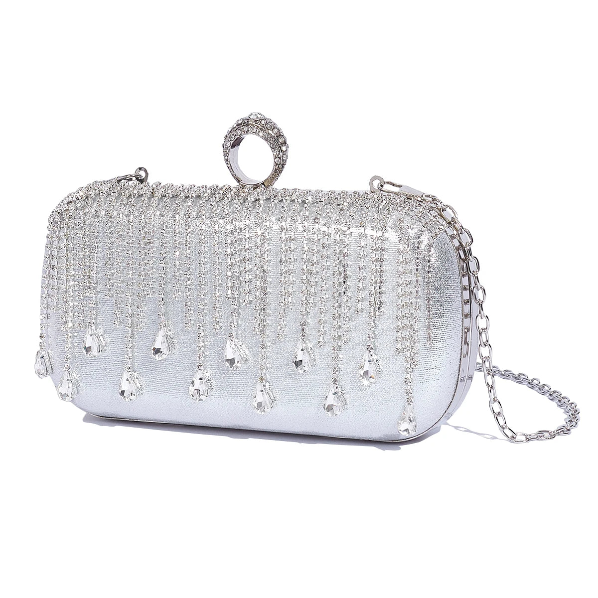 @Luxury Evening Clutch Bag Wedding Rhinestone Tassel Handbag Silver Purse Party Shoulder Bag for Women Fashion Black Bag