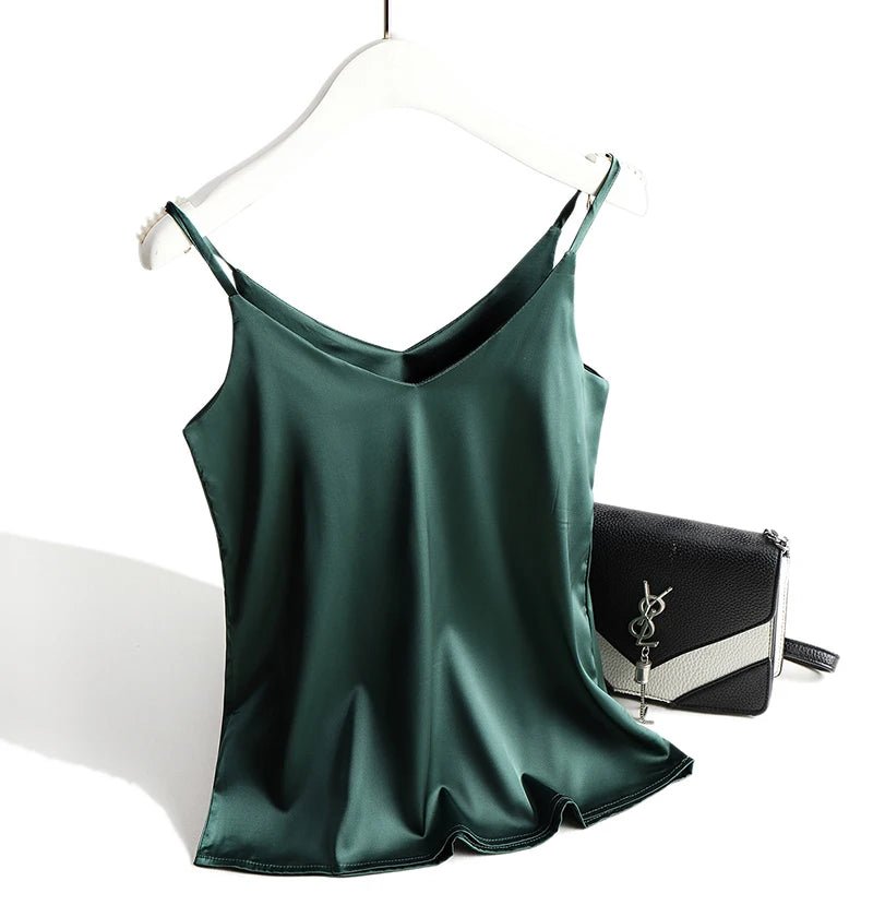 AOSSVIAO 2026 Spaghetti Strap Top Women Halter V Neck Basic White Cami Sleeveless Satin Silk Tank Tops Women'S Summer Camisole
