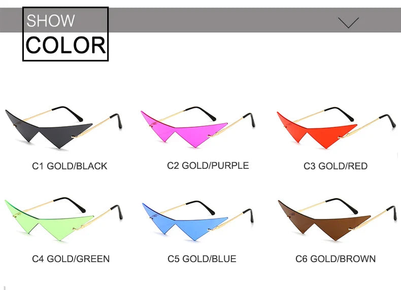 OEC CPO Oversized Cat Eye Rimless Sunglasses Women Fashion One Piece Lens Sun Glasses Female Trend Triangle Eyewear Men UV400