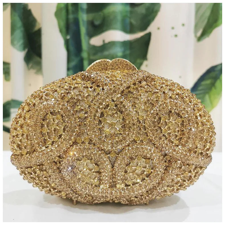 Gold Diamond Flower Evening Clutch Purse Oval Shape Rhinestone Crystal Wedding Bridal Clutches Luxury Phone Handbags
