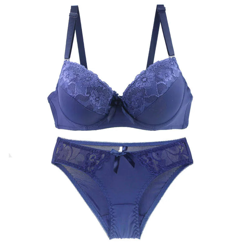 2021 New Women Push Up Bra Sets Intimates Lace Thongs Underwear Solid Bow 70-105 BCDE Cup Female Plus Size Lingerie