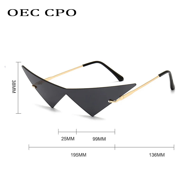 OEC CPO Oversized Cat Eye Rimless Sunglasses Women Fashion One Piece Lens Sun Glasses Female Trend Triangle Eyewear Men UV400