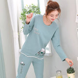 Autumn Thin 2pieces Pyjamas Set Women 2025 Round Neck Girls Bear Pajamas Sets Teacup Cat Full Sleepwear Tops lovers Pajama Mujer