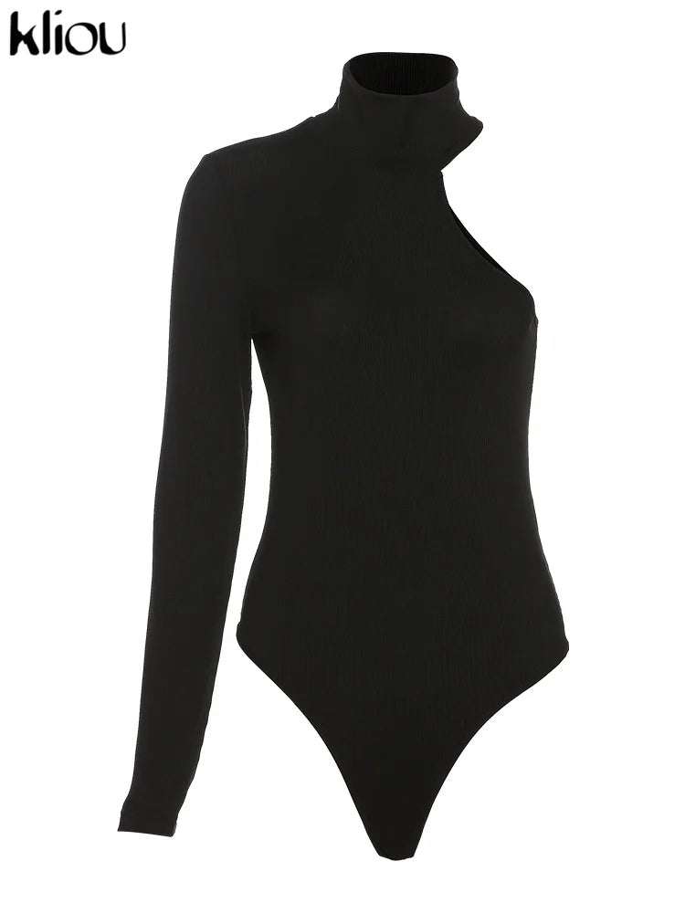Kliou Solid Knitted Bodysuit Women Fashion Turtleneck One Shoulder Long Sleeve Street Style Overalls Skinny Female Streetwear