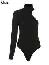 Kliou Solid Knitted Bodysuit Women Fashion Turtleneck One Shoulder Long Sleeve Street Style Overalls Skinny Female Streetwear