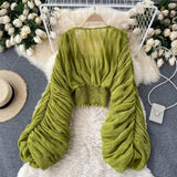 Summer Sexy Draped Chiffon Blouse For Women Elegant V-Neck Puff Long Sleeve Short Tops Female Slim Party Shirts 2022 New Fashion
