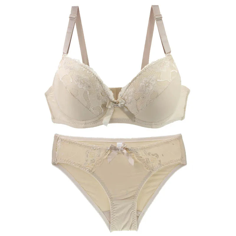 2021 New Women Push Up Bra Sets Intimates Lace Thongs Underwear Solid Bow 70-105 BCDE Cup Female Plus Size Lingerie