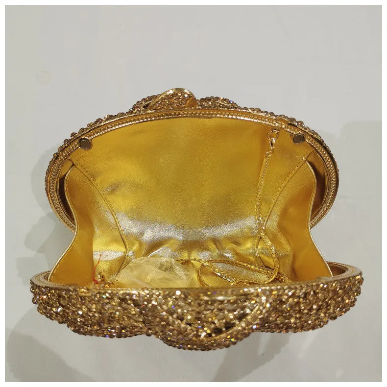 Gold Diamond Flower Evening Clutch Purse Oval Shape Rhinestone Crystal Wedding Bridal Clutches Luxury Phone Handbags