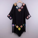 CROCHET BIKINI White Bikini Cover Up With Fringe Trim Women Sexy Hollow Tunic Beach Dress Summer Bathing Suit Beachwear