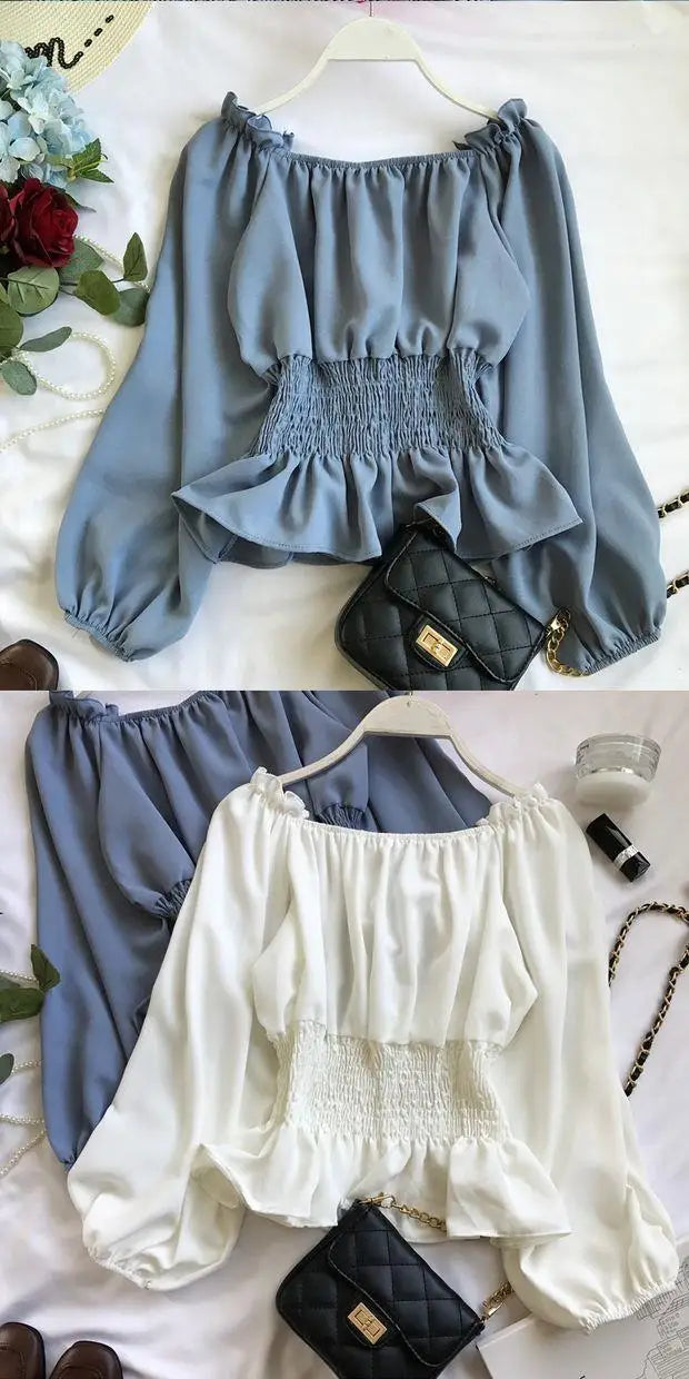 Youth Elegant Blouse Women Chiffon Fashion Blouse Off Shoulder White Shirt Ruffle Puff Sleeve Top Office wear 2022