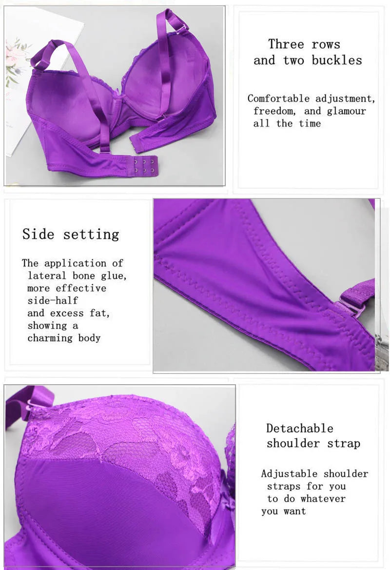2021 New Women Push Up Bra Sets Intimates Lace Thongs Underwear Solid Bow 70-105 BCDE Cup Female Plus Size Lingerie