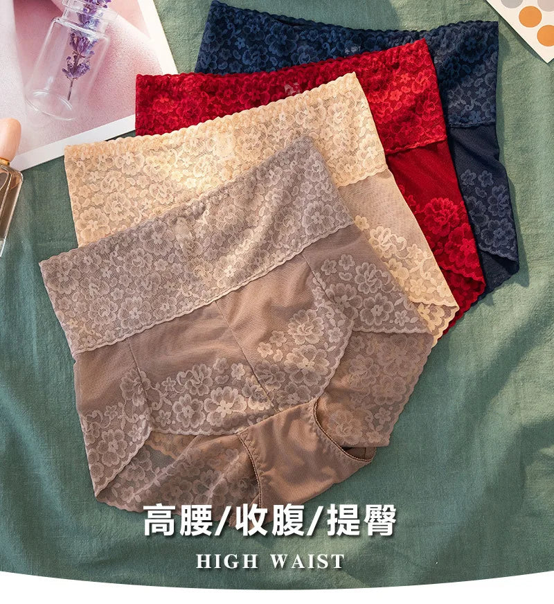 Women Lace High Waist Panties Sexy Mesh Girdle Waist Underwear Quality Plus Size Butt Lifter Knickers Tummy Slim Control Briefs