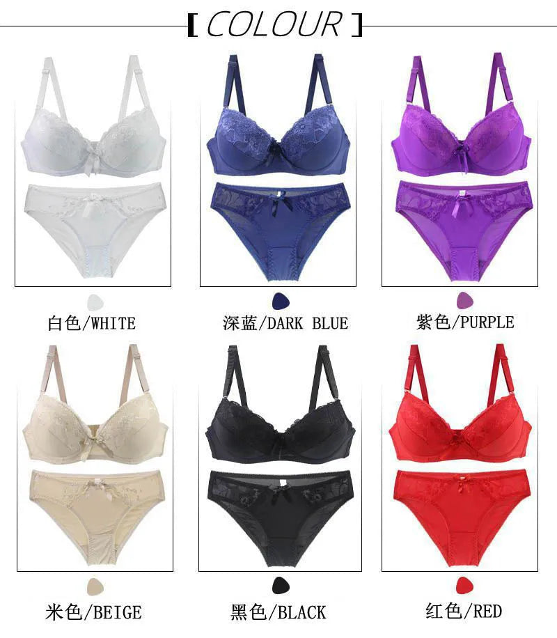 2021 New Women Push Up Bra Sets Intimates Lace Thongs Underwear Solid Bow 70-105 BCDE Cup Female Plus Size Lingerie