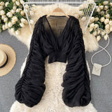 Summer Sexy Draped Chiffon Blouse For Women Elegant V-Neck Puff Long Sleeve Short Tops Female Slim Party Shirts 2022 New Fashion