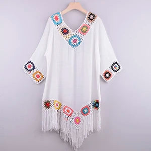 CROCHET BIKINI White Bikini Cover Up With Fringe Trim Women Sexy Hollow Tunic Beach Dress Summer Bathing Suit Beachwear