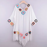 CROCHET BIKINI White Bikini Cover Up With Fringe Trim Women Sexy Hollow Tunic Beach Dress Summer Bathing Suit Beachwear