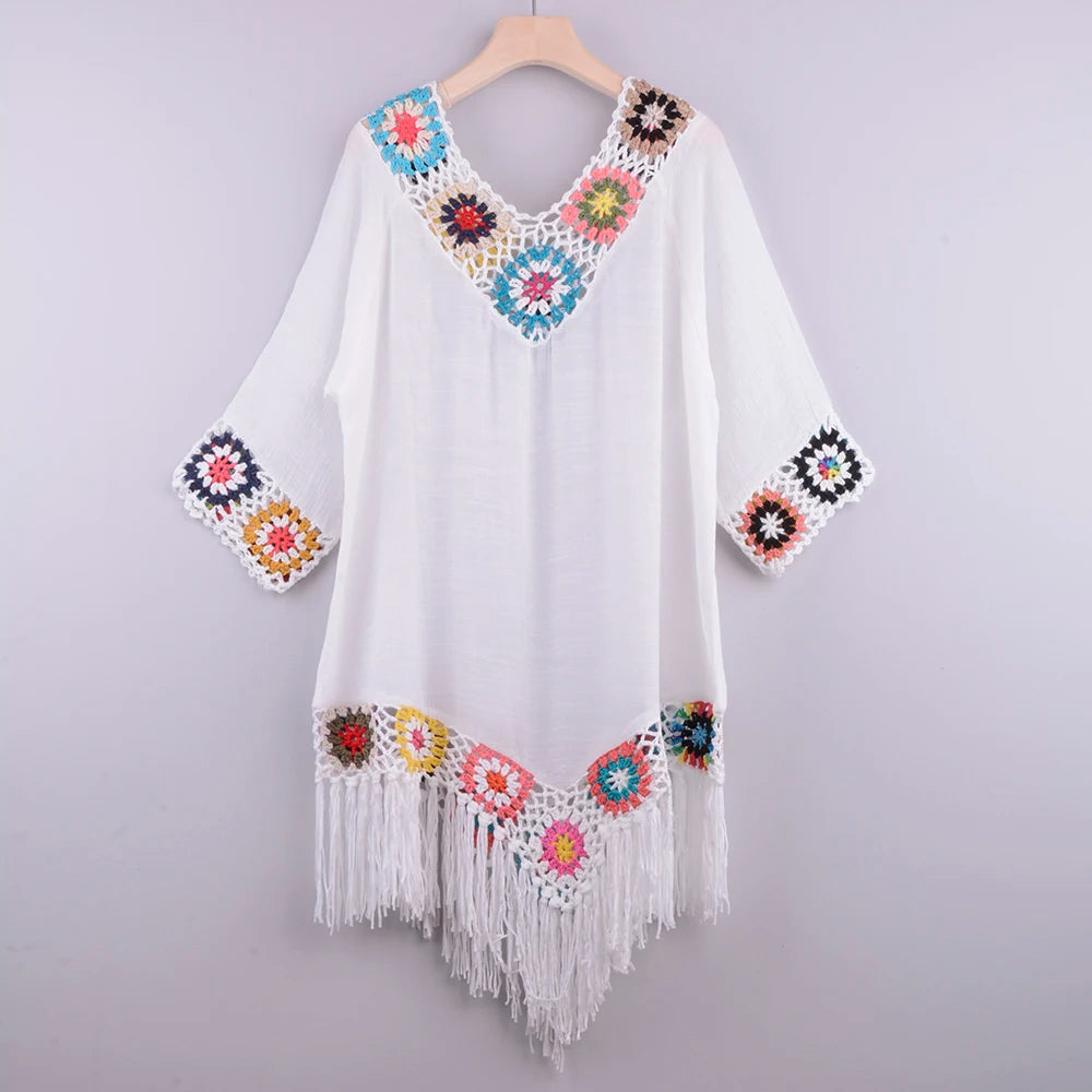 CROCHET BIKINI White Bikini Cover Up With Fringe Trim Women Sexy Hollow Tunic Beach Dress Summer Bathing Suit Beachwear