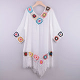 CROCHET BIKINI White Bikini Cover Up With Fringe Trim Women Sexy Hollow Tunic Beach Dress Summer Bathing Suit Beachwear