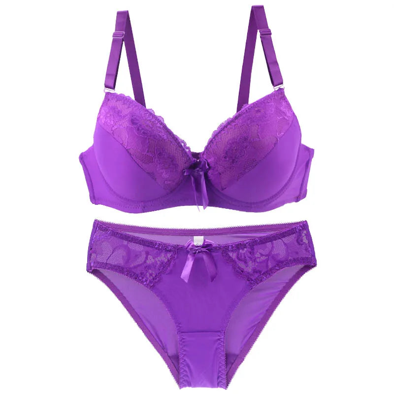 2021 New Women Push Up Bra Sets Intimates Lace Thongs Underwear Solid Bow 70-105 BCDE Cup Female Plus Size Lingerie