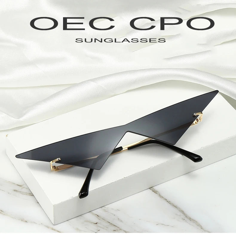 OEC CPO Oversized Cat Eye Rimless Sunglasses Women Fashion One Piece Lens Sun Glasses Female Trend Triangle Eyewear Men UV400