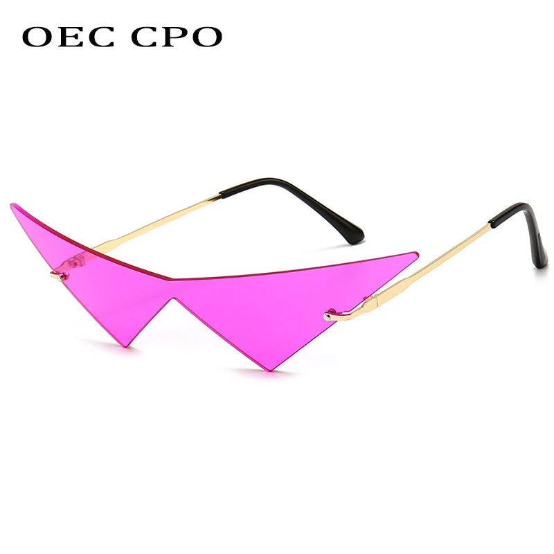 OEC CPO Oversized Cat Eye Rimless Sunglasses Women Fashion One Piece Lens Sun Glasses Female Trend Triangle Eyewear Men UV400