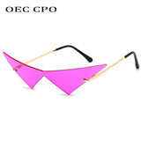 OEC CPO Oversized Cat Eye Rimless Sunglasses Women Fashion One Piece Lens Sun Glasses Female Trend Triangle Eyewear Men UV400