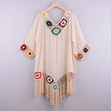CROCHET BIKINI White Bikini Cover Up With Fringe Trim Women Sexy Hollow Tunic Beach Dress Summer Bathing Suit Beachwear