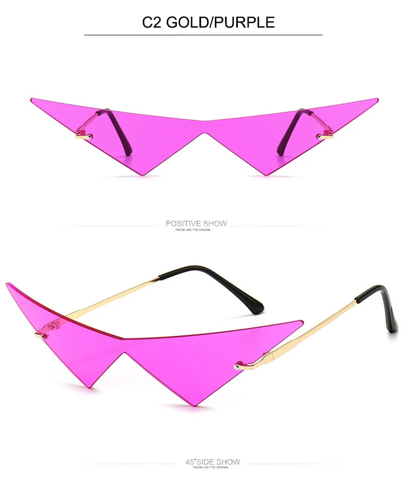 OEC CPO Oversized Cat Eye Rimless Sunglasses Women Fashion One Piece Lens Sun Glasses Female Trend Triangle Eyewear Men UV400