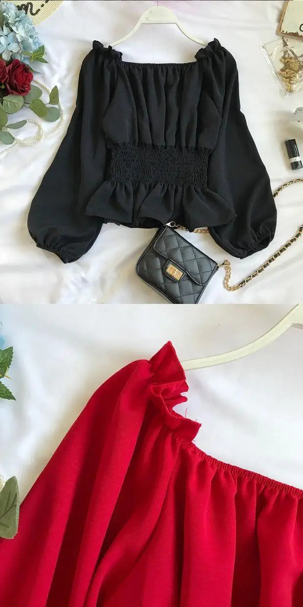 Youth Elegant Blouse Women Chiffon Fashion Blouse Off Shoulder White Shirt Ruffle Puff Sleeve Top Office wear 2022