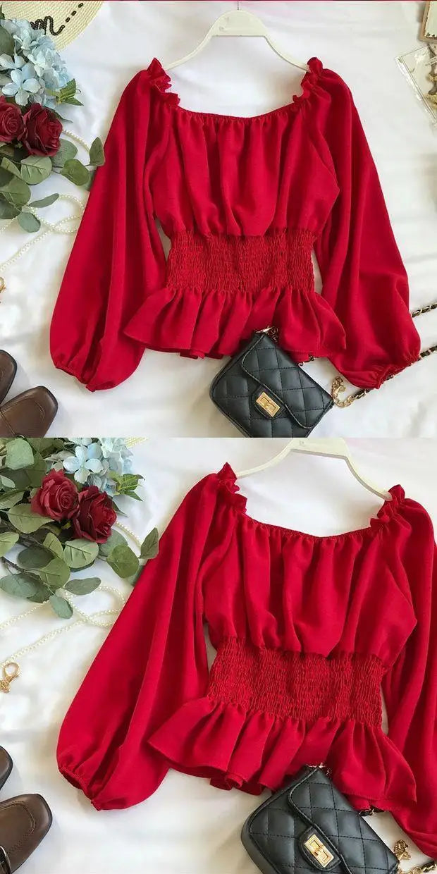 Youth Elegant Blouse Women Chiffon Fashion Blouse Off Shoulder White Shirt Ruffle Puff Sleeve Top Office wear 2022