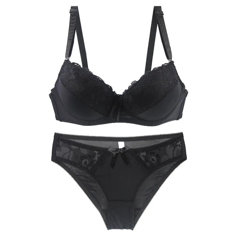 2021 New Women Push Up Bra Sets Intimates Lace Thongs Underwear Solid Bow 70-105 BCDE Cup Female Plus Size Lingerie