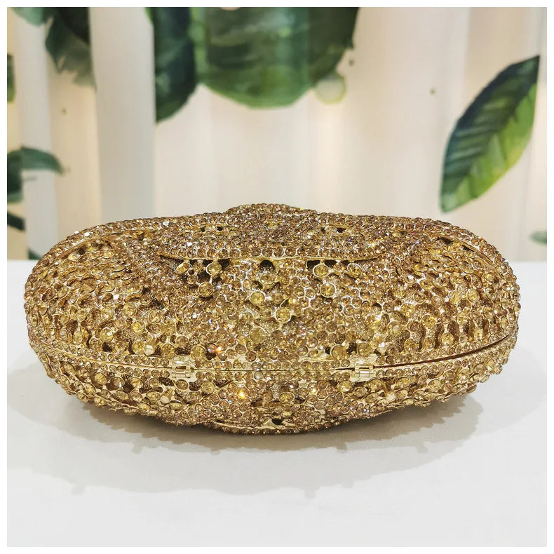 Gold Diamond Flower Evening Clutch Purse Oval Shape Rhinestone Crystal Wedding Bridal Clutches Luxury Phone Handbags