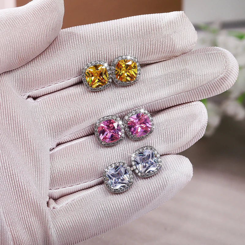 Huitan Bright White/Yellow/Pink CZ Stud Earrings for Women Fashion Contracted Jewelry High Quality Wedding Engagement Earrings
