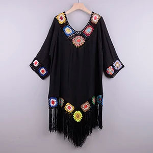 CROCHET BIKINI White Bikini Cover Up With Fringe Trim Women Sexy Hollow Tunic Beach Dress Summer Bathing Suit Beachwear