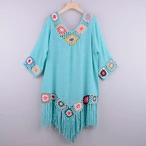 CROCHET BIKINI White Bikini Cover Up With Fringe Trim Women Sexy Hollow Tunic Beach Dress Summer Bathing Suit Beachwear