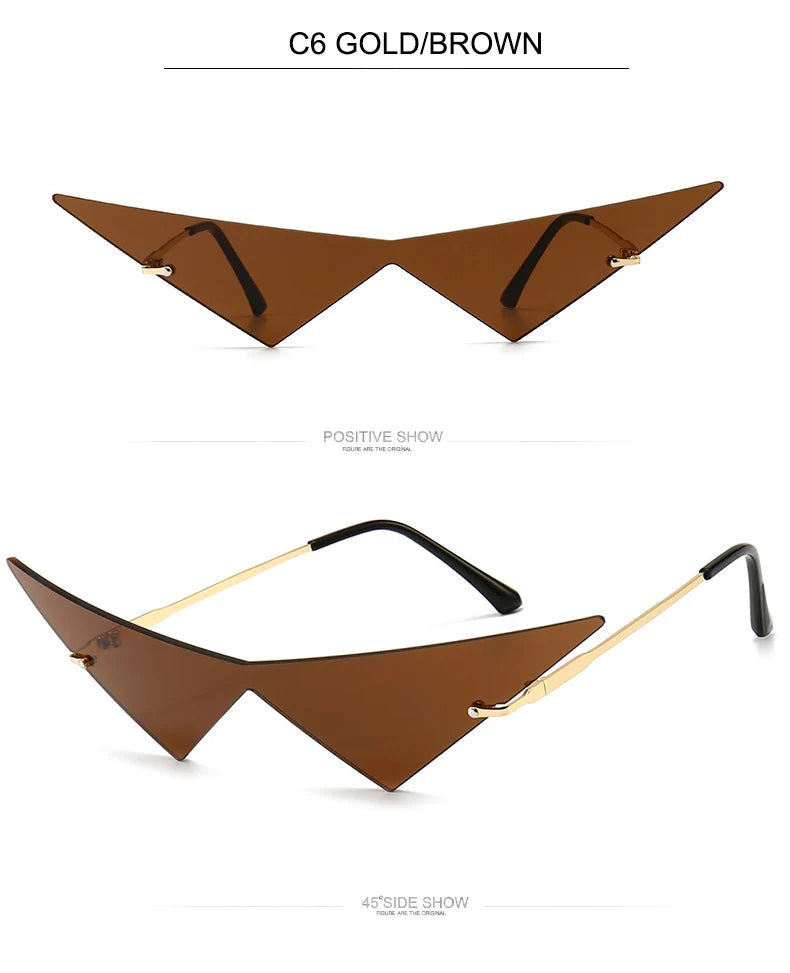 OEC CPO Oversized Cat Eye Rimless Sunglasses Women Fashion One Piece Lens Sun Glasses Female Trend Triangle Eyewear Men UV400
