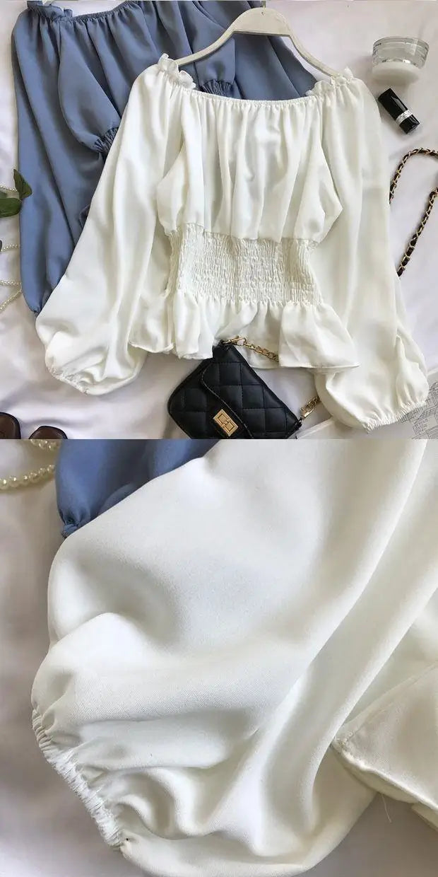 Youth Elegant Blouse Women Chiffon Fashion Blouse Off Shoulder White Shirt Ruffle Puff Sleeve Top Office wear 2022