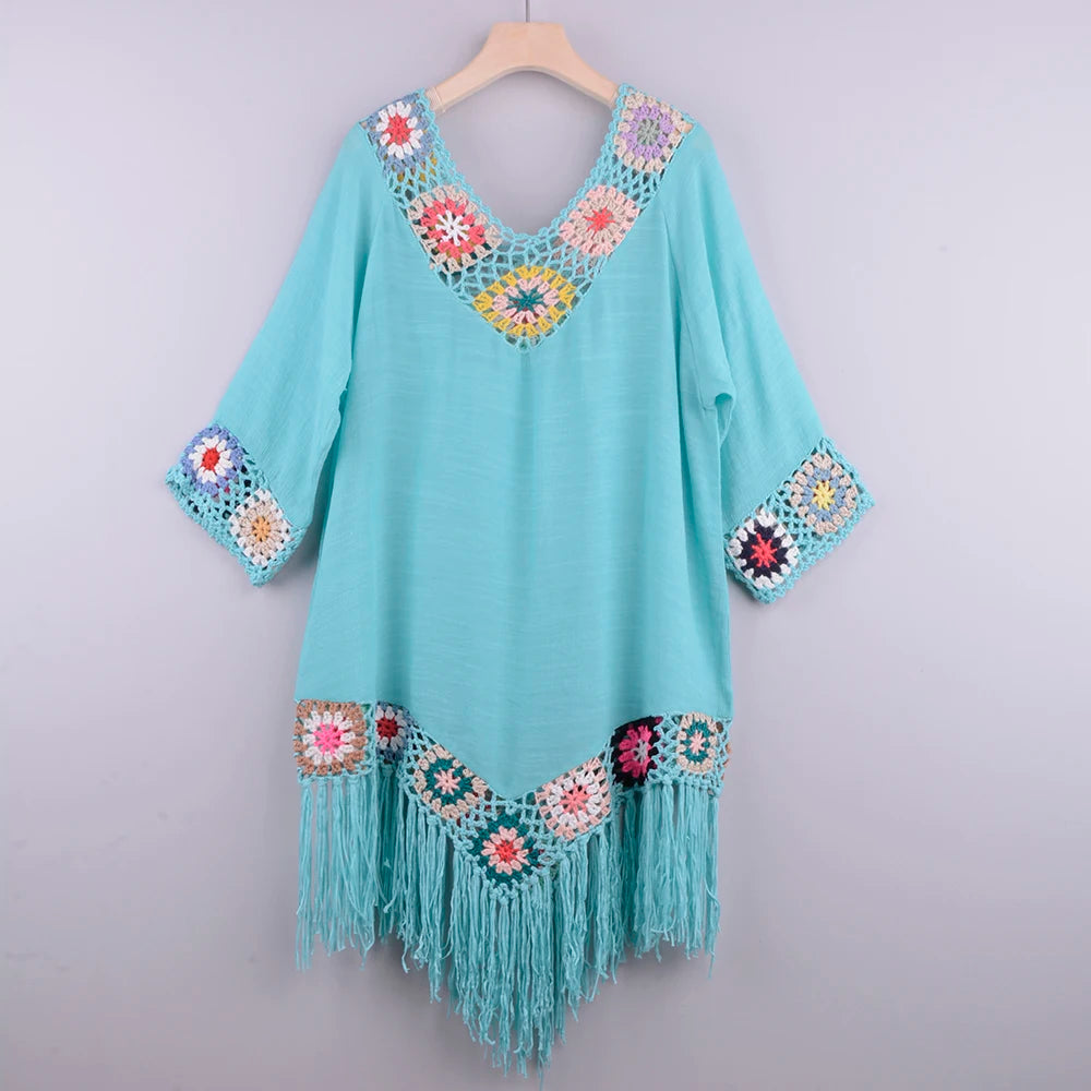 CROCHET BIKINI White Bikini Cover Up With Fringe Trim Women Sexy Hollow Tunic Beach Dress Summer Bathing Suit Beachwear