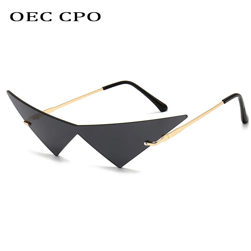 OEC CPO Oversized Cat Eye Rimless Sunglasses Women Fashion One Piece Lens Sun Glasses Female Trend Triangle Eyewear Men UV400