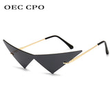 OEC CPO Oversized Cat Eye Rimless Sunglasses Women Fashion One Piece Lens Sun Glasses Female Trend Triangle Eyewear Men UV400