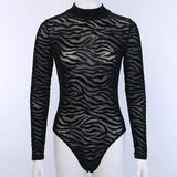 Black Mesh Transparent Sexy Bodysuit Long Sleeve Slim Skinny Stripe Mock Neck Casual Rompers Women Lady Party Club Body