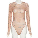 Sexy tight-fitting one-piece Top Women Long-Sleeved Bodysuits O-Neck Basic Party Wear Print Summer Wild Slim Bodysuits