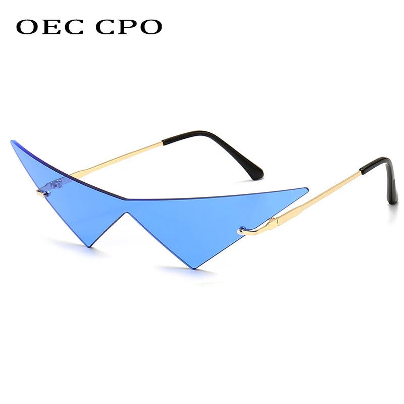OEC CPO Oversized Cat Eye Rimless Sunglasses Women Fashion One Piece Lens Sun Glasses Female Trend Triangle Eyewear Men UV400