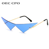OEC CPO Oversized Cat Eye Rimless Sunglasses Women Fashion One Piece Lens Sun Glasses Female Trend Triangle Eyewear Men UV400