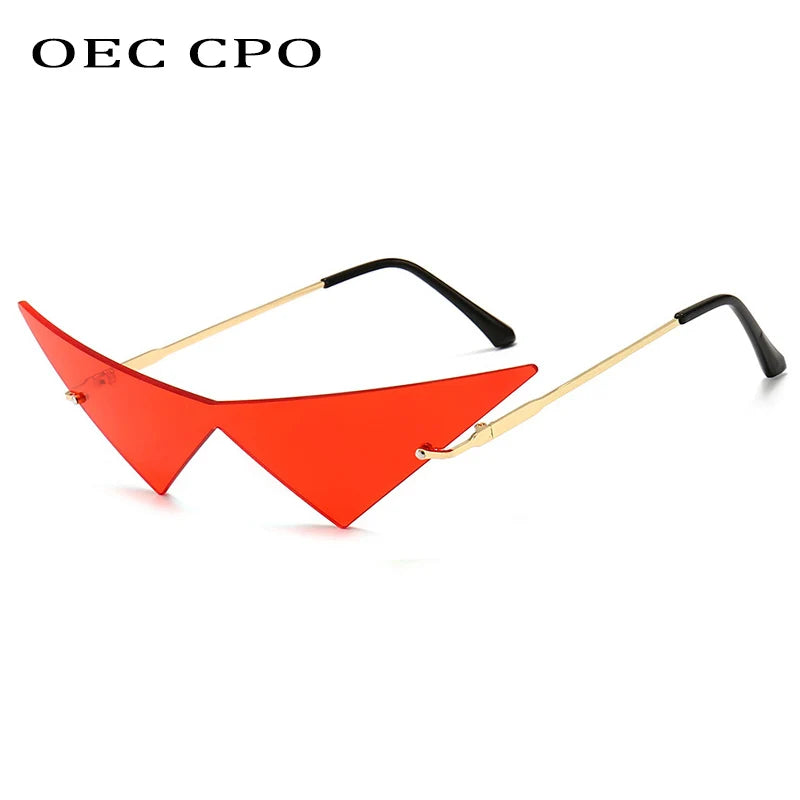 OEC CPO Oversized Cat Eye Rimless Sunglasses Women Fashion One Piece Lens Sun Glasses Female Trend Triangle Eyewear Men UV400